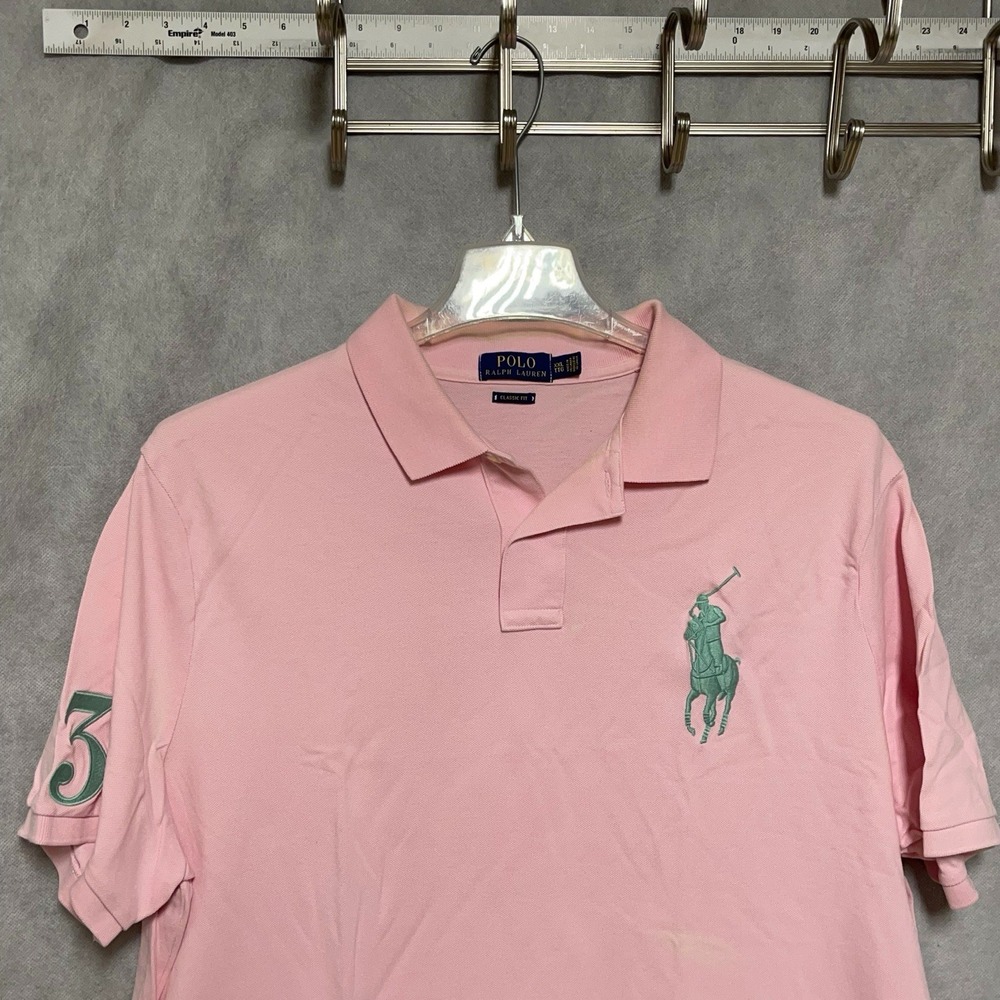 Polo Ralph Lauren Polo Shirt Men 2XL Pink Classic Fit Pique Gray Extra Big Pony